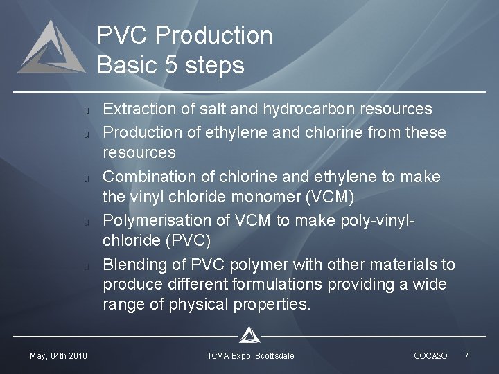 PVC Production Basic 5 steps u u u May, 04 th 2010 Extraction of