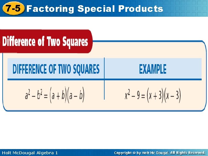 7 -5 Factoring Special Products Holt Mc. Dougal Algebra 1 