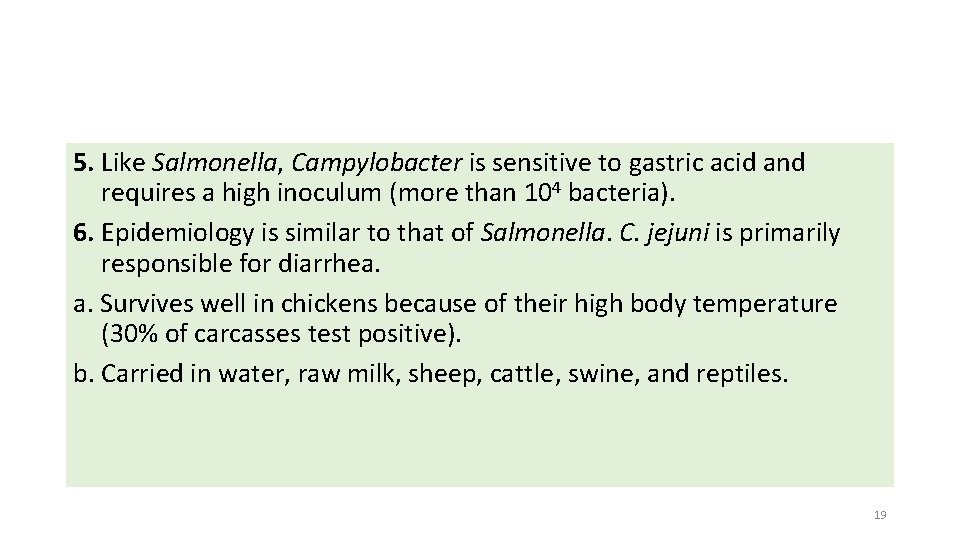 5. Like Salmonella, Campylobacter is sensitive to gastric acid and requires a high inoculum