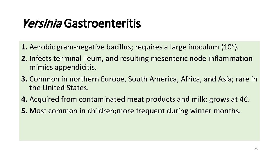 Yersinia Gastroenteritis 1. Aerobic gram-negative bacillus; requires a large inoculum (109). 2. Infects terminal