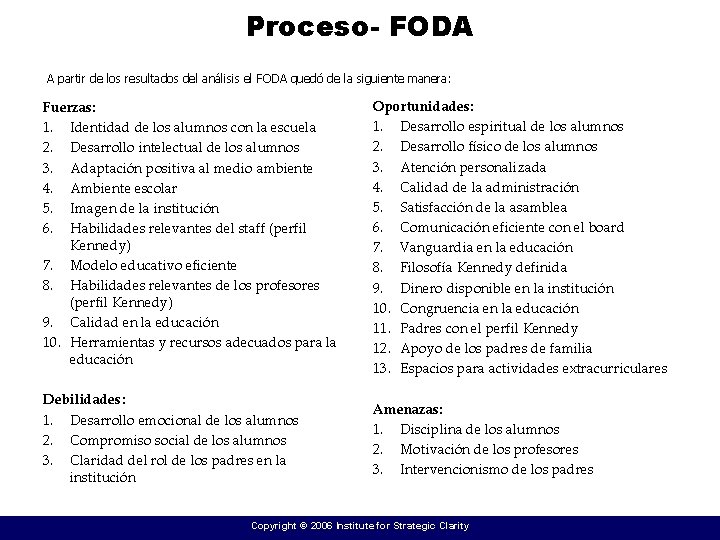 Proceso- FODA A partir de los resultados del análisis el FODA quedó de la