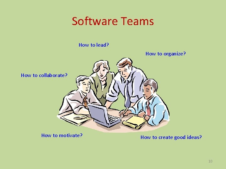 Software Teams How to lead? How to organize? How to collaborate? How to motivate?