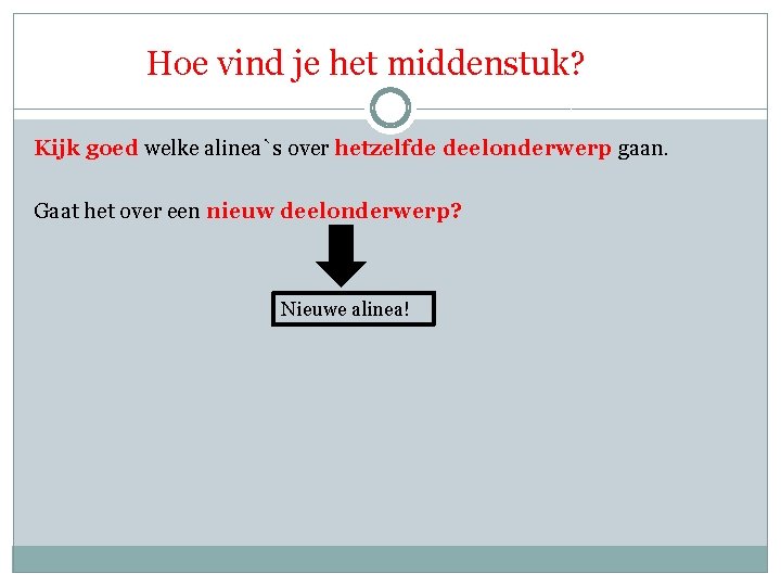 Hoe vind je het middenstuk? Kijk goed welke alinea`s over hetzelfde deelonderwerp gaan. Gaat