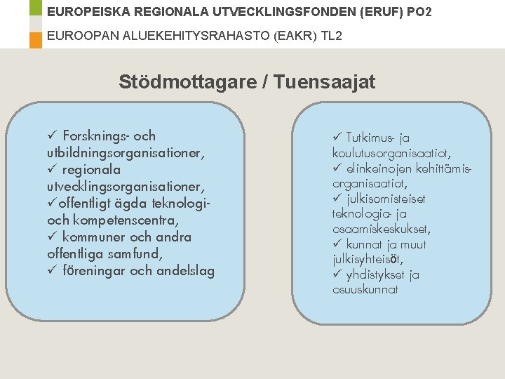 EUROPEISKA REGIONALA UTVECKLINGSFONDEN (ERUF) PO 2 EUROOPAN ALUEKEHITYSRAHASTO (EAKR) TL 2 Stödmottagare / Tuensaajat