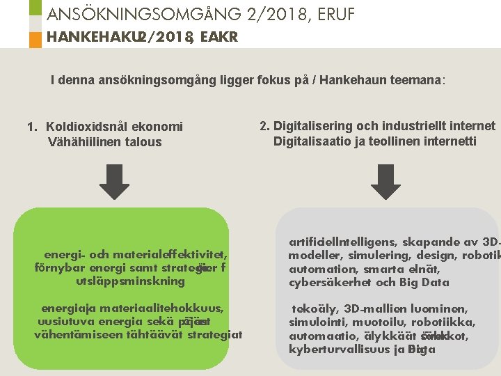 ANSÖKNINGSOMGÅNG 2/2018, ERUF HANKEHAKU 2/2018, EAKR I denna ansökningsomgång ligger fokus på / Hankehaun