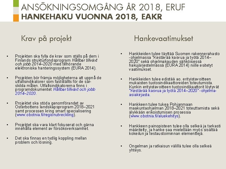 ANSÖKNINGSOMGÅNG ÅR 2018, ERUF HANKEHAKU VUONNA 2018, EAKR Krav på projekt Hankevaatimukset • Hankkeiden
