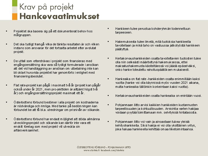 Krav på projekt Hankevaatimukset • Projektet ska basera sig på ett dokumenterat behov hos