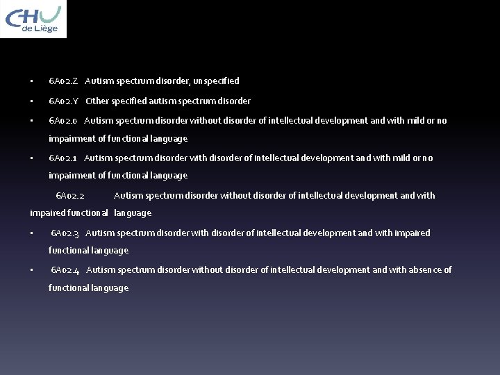  • 6 A 02. Z  Autism spectrum disorder, unspecified • 6 A 02.