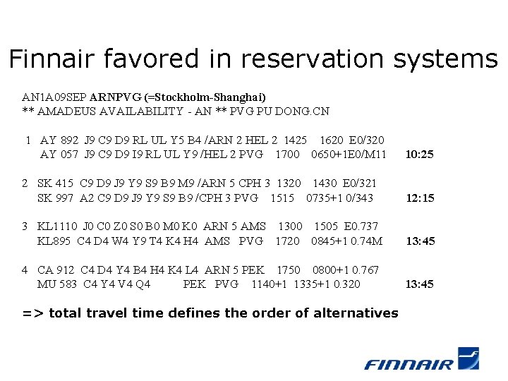 Finnair favored in reservation systems AN 1 A 09 SEP ARNPVG (=Stockholm-Shanghai) ** AMADEUS