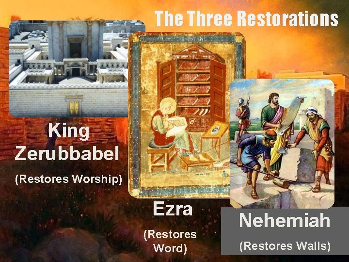 The Three Restorations King Zerubbabel (Restores Worship) Ezra (Restores Word) Nehemiah (Restores Walls) 