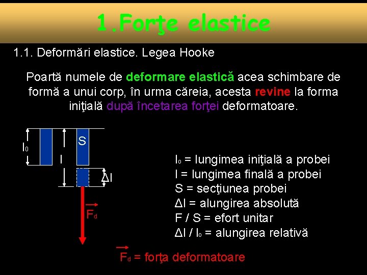 1. Forţe elastice 1. 1. Deformări elastice. Legea Hooke Poartă numele de deformare elastică