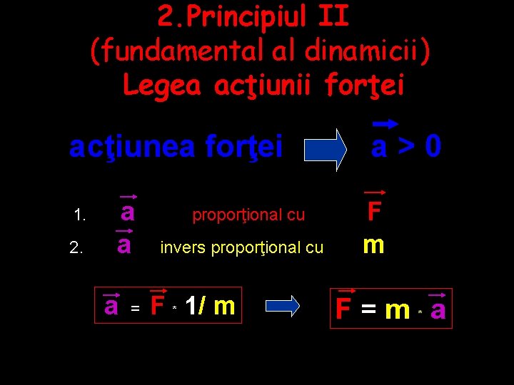 2. Principiul II (fundamental al dinamicii) Legea acţiunii forţei acţiunea forţei a>0 1. a