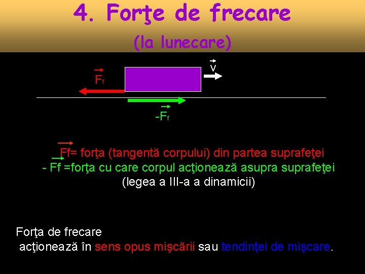 4. Forţe de frecare (la lunecare) v Ff Ff= forţa (tangentă corpului) din partea