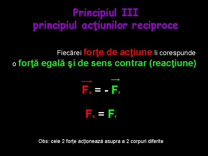 Principiul III principiul acţiunilor reciproce Fiecărei forţe de acţiune îi corespunde o forţă egală