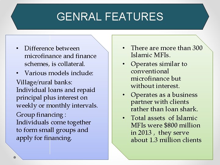 GENRAL FEATURES • Difference between microfinance and finance schemes, is collateral. • Various models