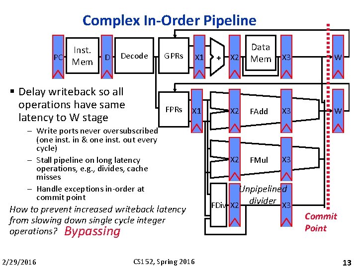 Complex In-Order Pipeline Inst. PC Mem D Decode § Delay writeback so all operations