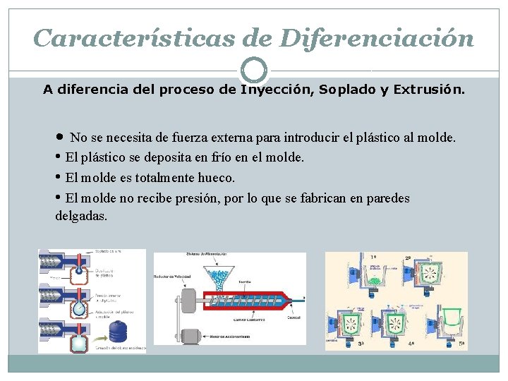 Características de Diferenciación A diferencia del proceso de Inyección, Soplado y Extrusión. • No
