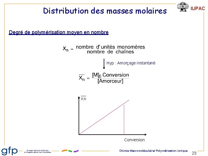 Distribution des masses molaires IUPAC Degré de polymérisation moyen en nombre Hyp : Amorçage