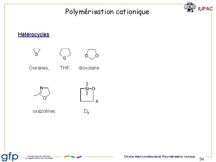 Polymérisation cationique IUPAC Hétérocycles Oxiranes, THF, dioxolane oxazolines D 4 Chimie Macromoléculaire/ Polymérisation ionique