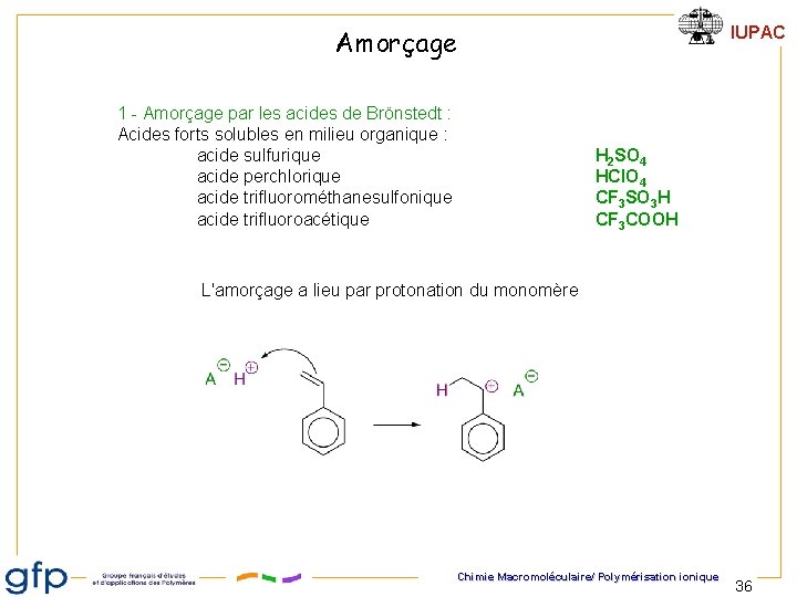 IUPAC Amorçage 1 - Amorçage par les acides de Brönstedt : Acides forts solubles