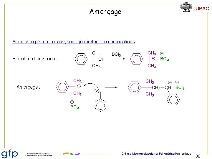 Amorçage IUPAC Amorçage par un cocatalyseur générateur de carbocations Equilibre d'ionisation : Amorçage :