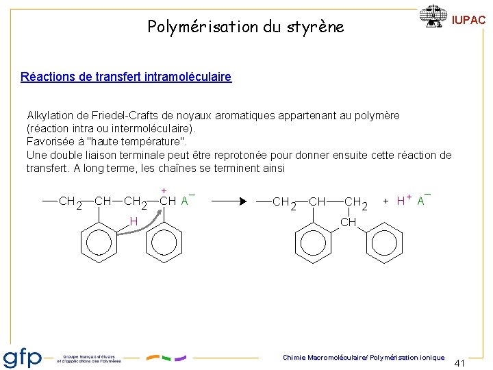 IUPAC Polymérisation du styrène Réactions de transfert intramoléculaire Alkylation de Friedel-Crafts de noyaux aromatiques