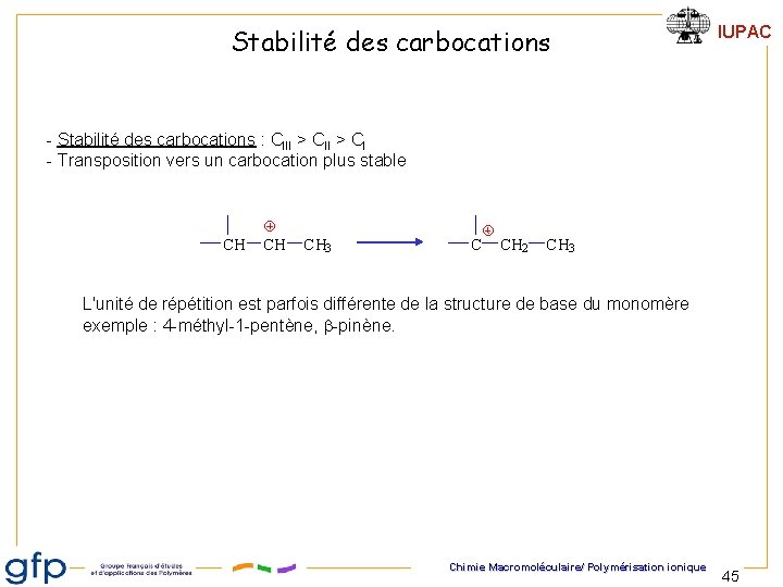 Stabilité des carbocations IUPAC - Stabilité des carbocations : CIII > CI - Transposition