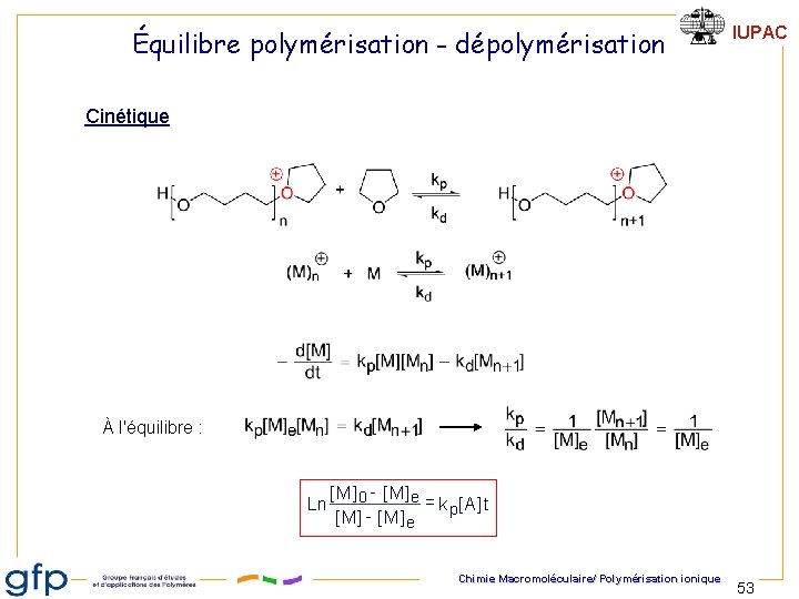 Équilibre polymérisation - dépolymérisation IUPAC Cinétique À l'équilibre : Ln [ M ]0 -