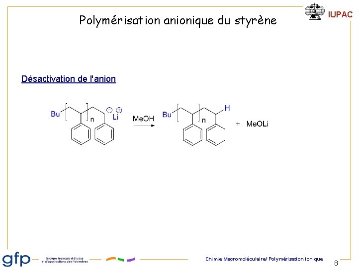 Polymérisation anionique du styrène IUPAC Désactivation de l'anion Chimie Macromoléculaire/ Polymérisation ionique 8 