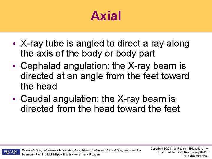 Axial • X-ray tube is angled to direct a ray along the axis of