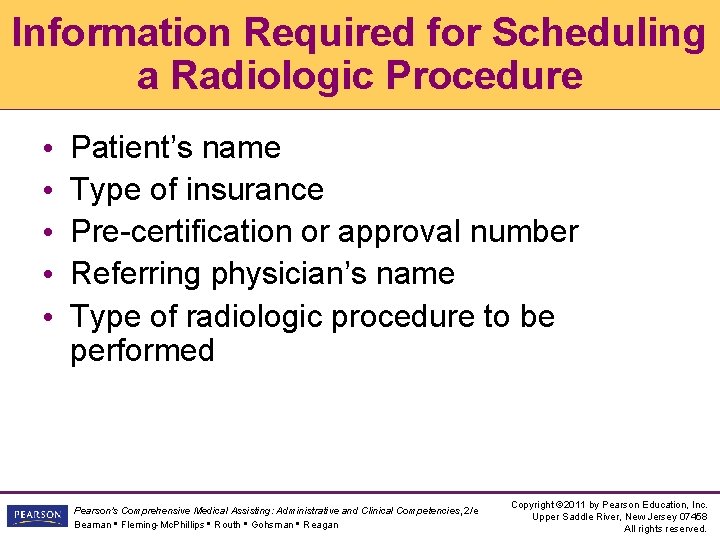 Information Required for Scheduling a Radiologic Procedure • • • Patient’s name Type of