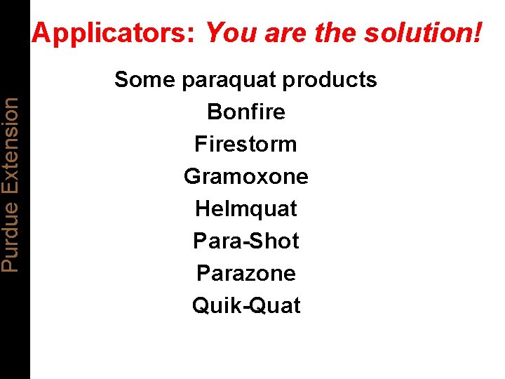 Purdue Extension Applicators: You are the solution! Some paraquat products Bonfire Firestorm Gramoxone Helmquat