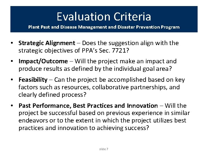 Evaluation Criteria Plant Pest and Disease Management and Disaster Prevention Program • Strategic Alignment