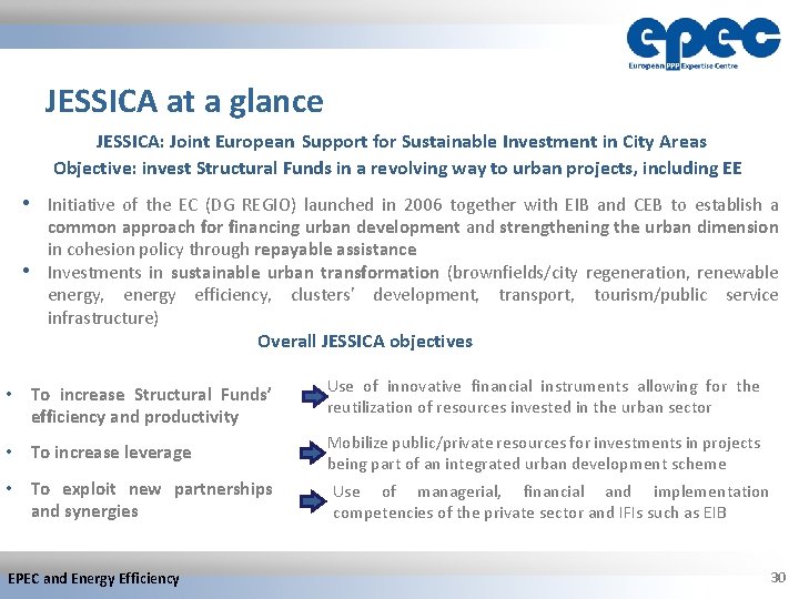 JESSICA at a glance JESSICA: Joint European Support for Sustainable Investment in City Areas