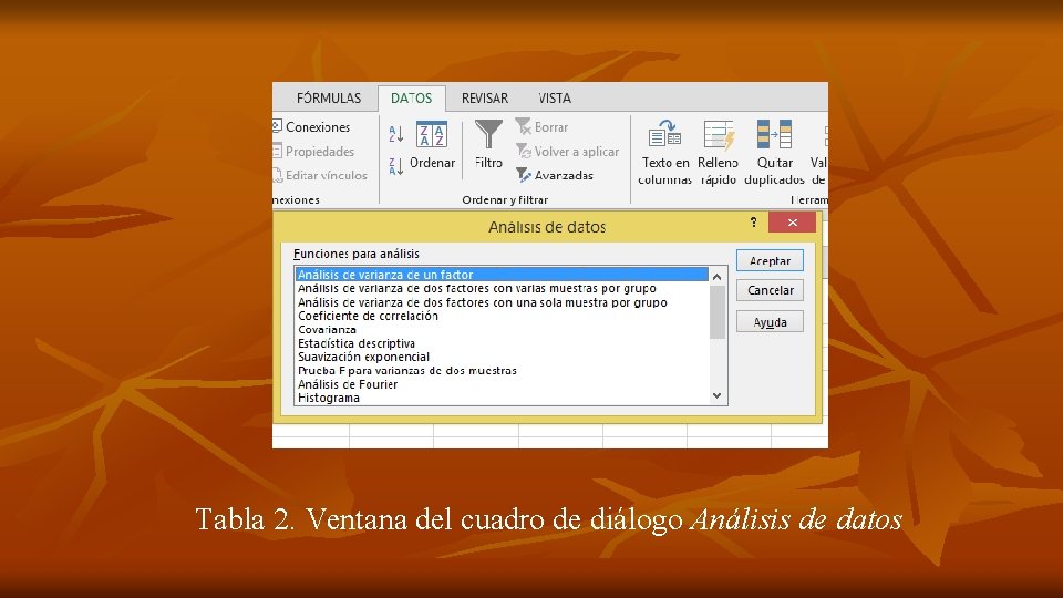 Tabla 2. Ventana del cuadro de diálogo Análisis de datos 