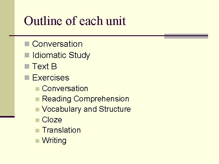 Outline of each unit n n Conversation Idiomatic Study Text B Exercises Conversation n