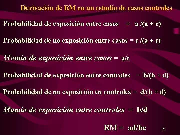  Derivación de RM en un estudio de casos controles Probabilidad de exposición entre