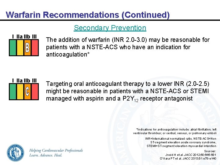 Warfarin Recommendations (Continued) Secondary Prevention I IIa IIb III The addition of warfarin (INR