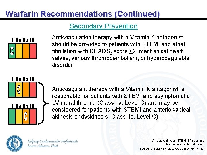 Warfarin Recommendations (Continued) Secondary Prevention I IIa IIb III Anticoagulation therapy with a Vitamin