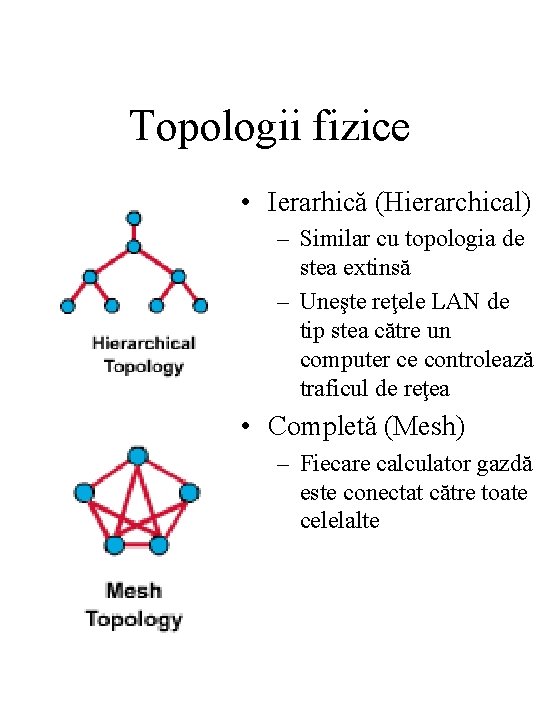 Topologii fizice • Ierarhică (Hierarchical) – Similar cu topologia de stea extinsă – Uneşte
