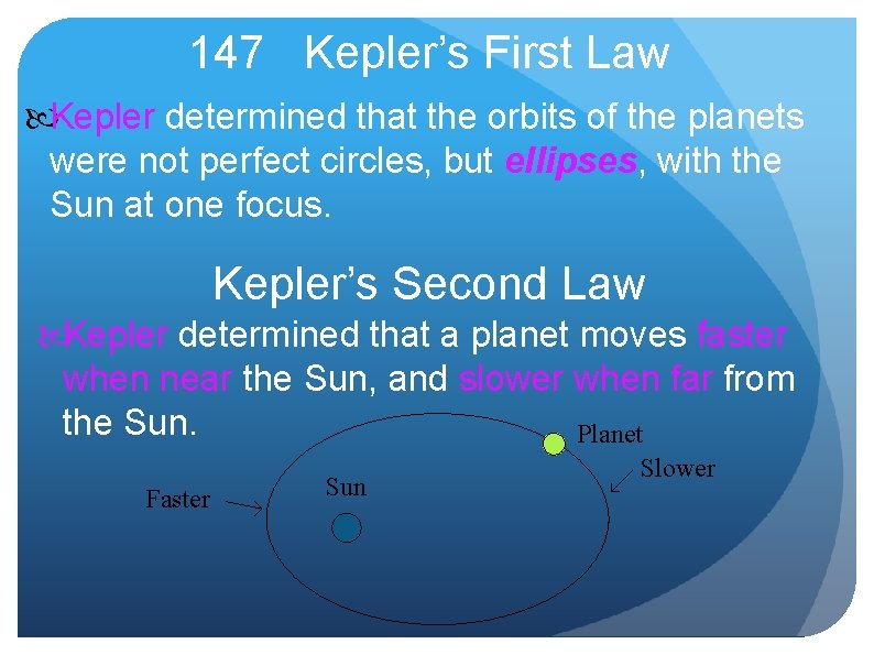 147 Kepler’s First Law Kepler determined that the orbits of the planets were not