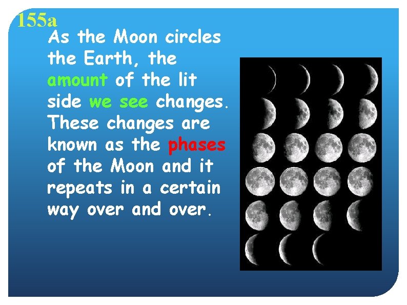 155 a As the Moon circles the Earth, the amount of the lit side