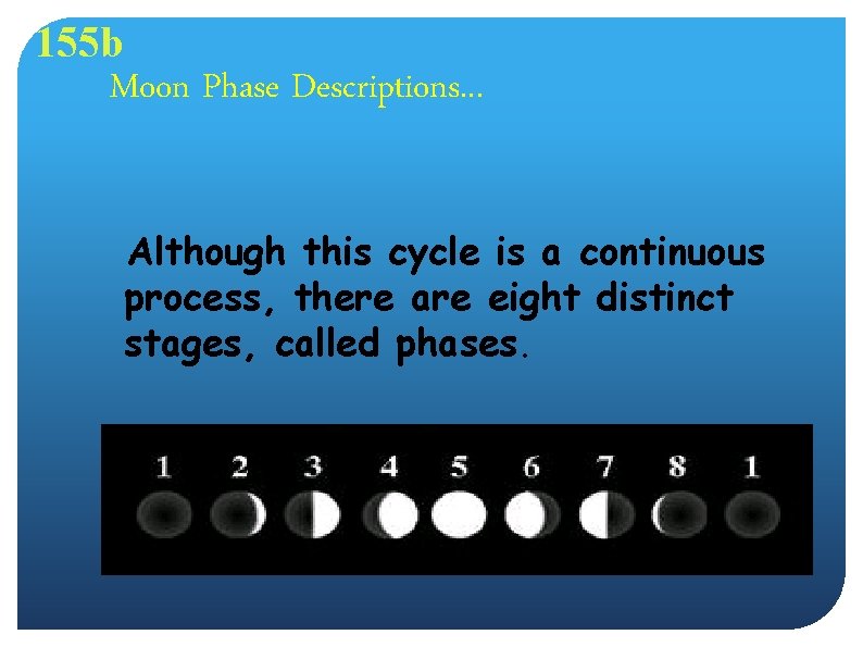 155 b Moon Phase Descriptions. . . Although this cycle is a continuous process,