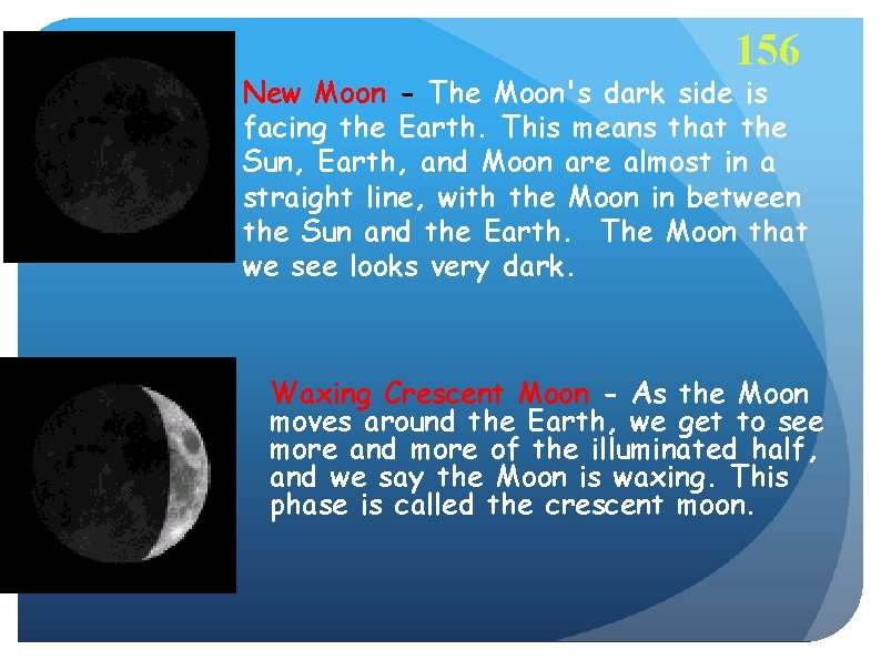 156 New Moon - The Moon's dark side is facing the Earth. This means