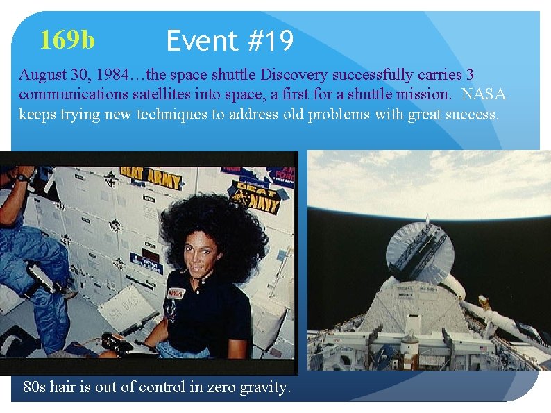 169 b Event #19 August 30, 1984…the space shuttle Discovery successfully carries 3 communications