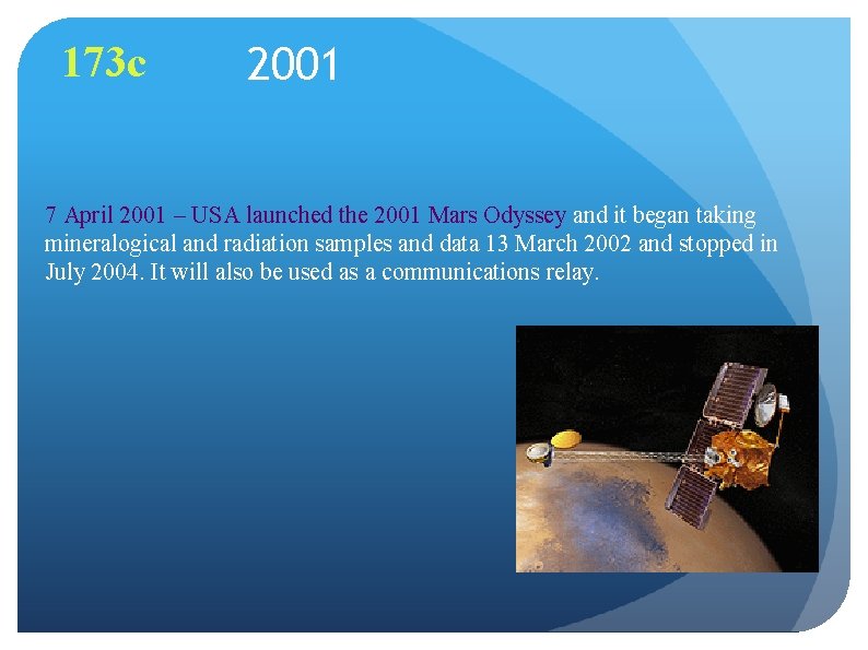 173 c 2001 7 April 2001 – USA launched the 2001 Mars Odyssey and