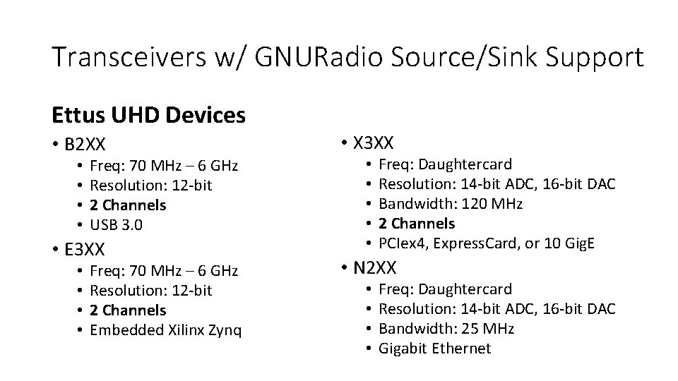 Transceivers w/ GNURadio Source/Sink Support Ettus UHD Devices • B 2 XX • •