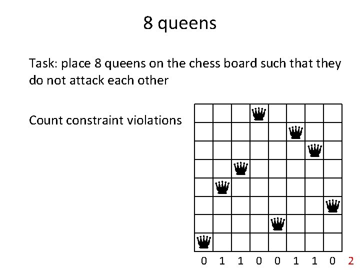 8 queens Task: place 8 queens on the chess board such that they do