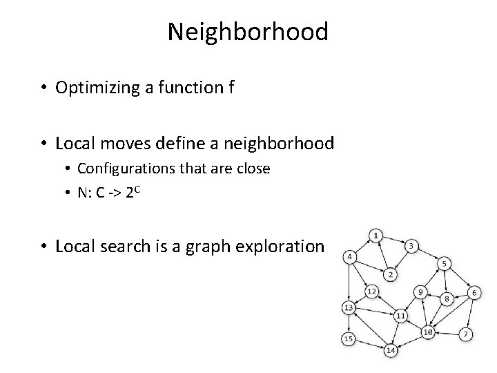 Neighborhood • Optimizing a function f • Local moves define a neighborhood • Configurations