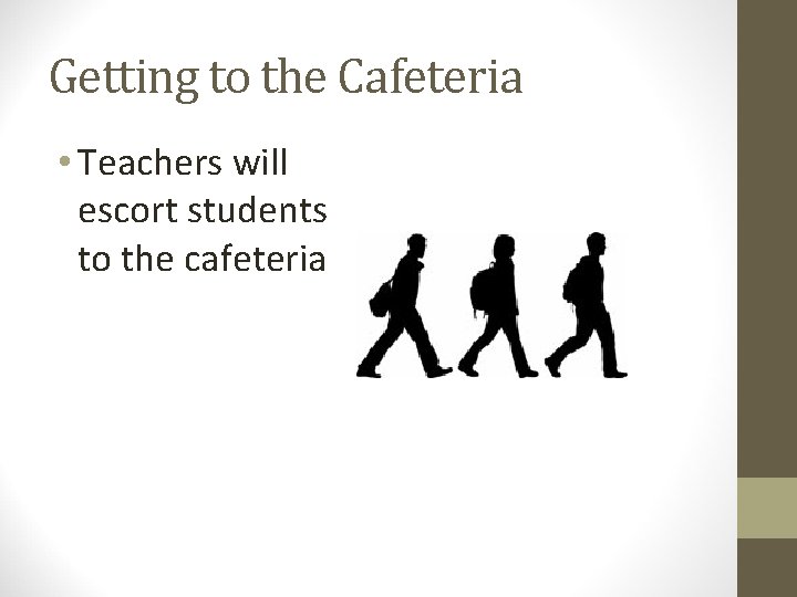 Getting to the Cafeteria • Teachers will escort students to the cafeteria 